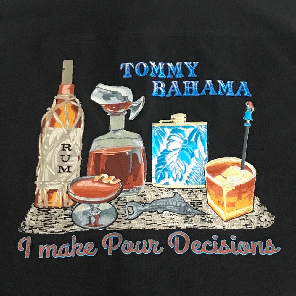 Tommy Bahama Embroidered “I MAKE POUR DECISIONS” Silk Camp Shirt (Size: 2XL)
